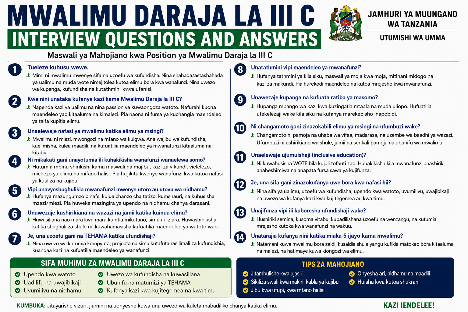 Mwalimu Daraja la III C Interview Questions and Answers